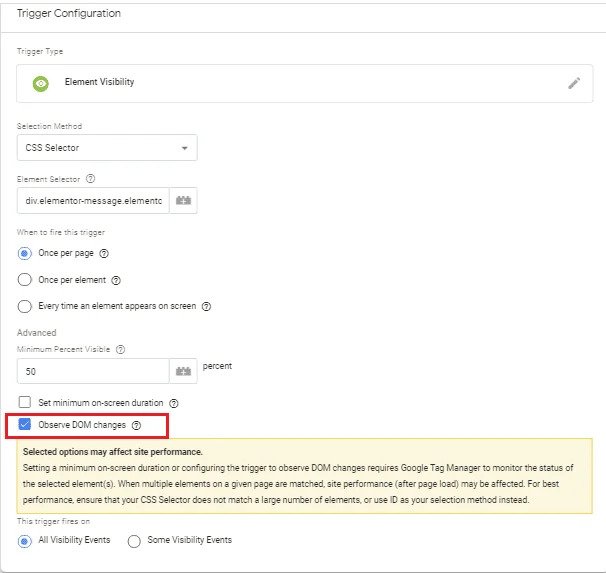 Element-visibility-trigger-configuration