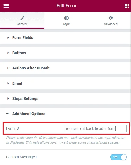 Elementor form setting